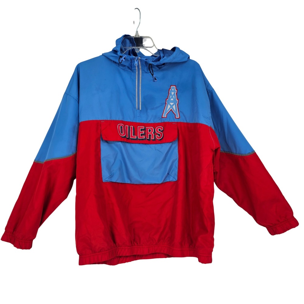 Vintage Houston Oilers Pullover‎ Windbreaker L Blue Half Zip Hooded 90s NFL